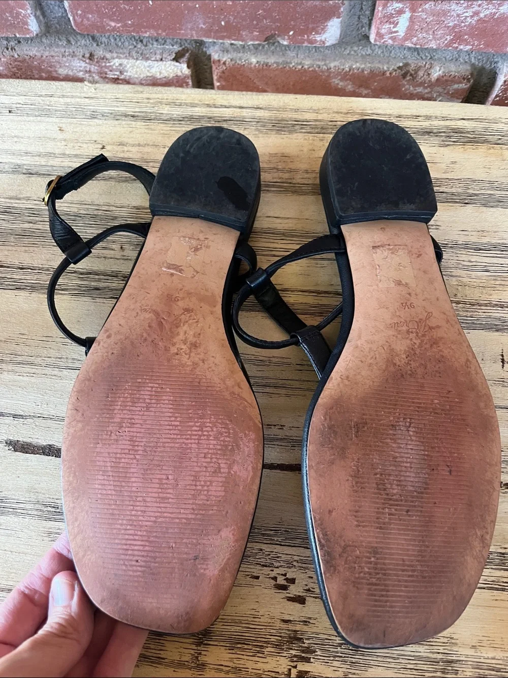 J. Crew Black Leather Loop T-Strap Sandals As Is Condition